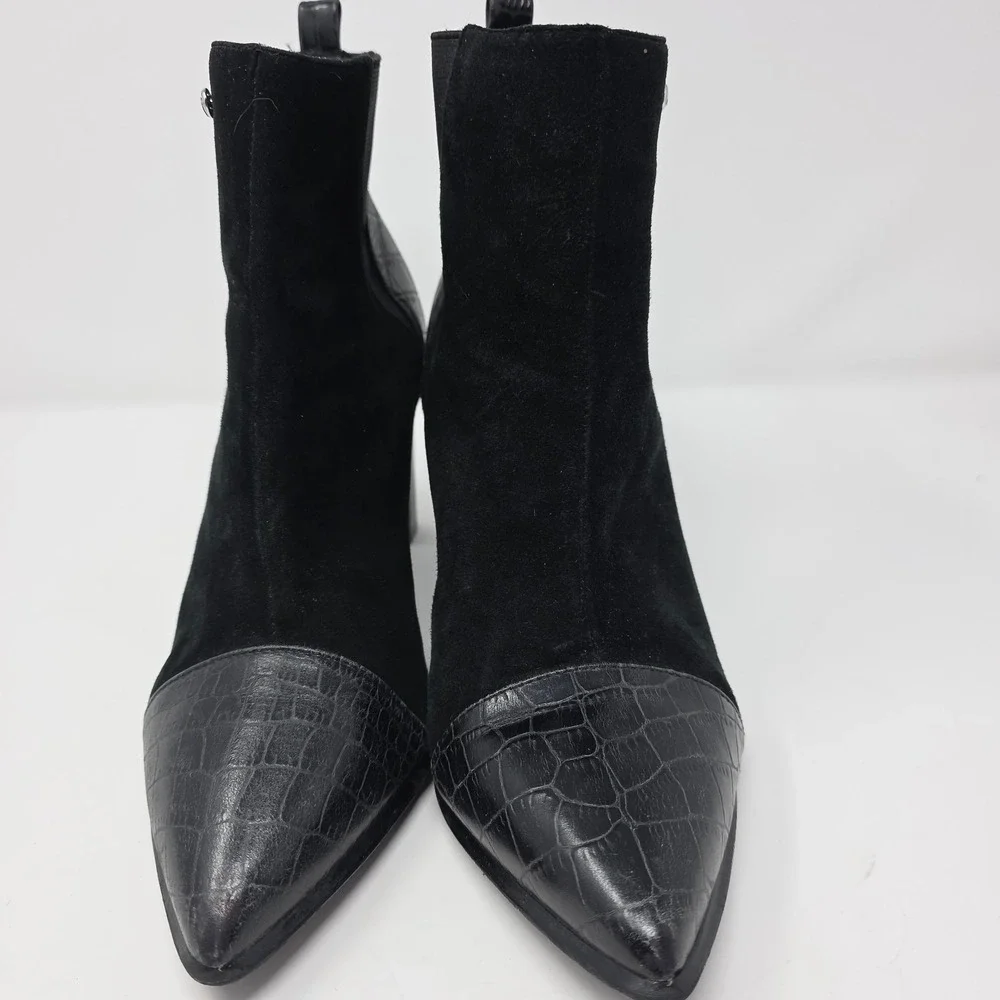 Azaleia Black Suede Ankle Boots Croc Embossed Toe Block Heel Womens‎ 10M